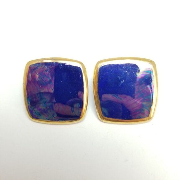 Vintage Blue Square Studs with Iridescent Finish and Gold Tone Border Earrings - Picture 6 of 6